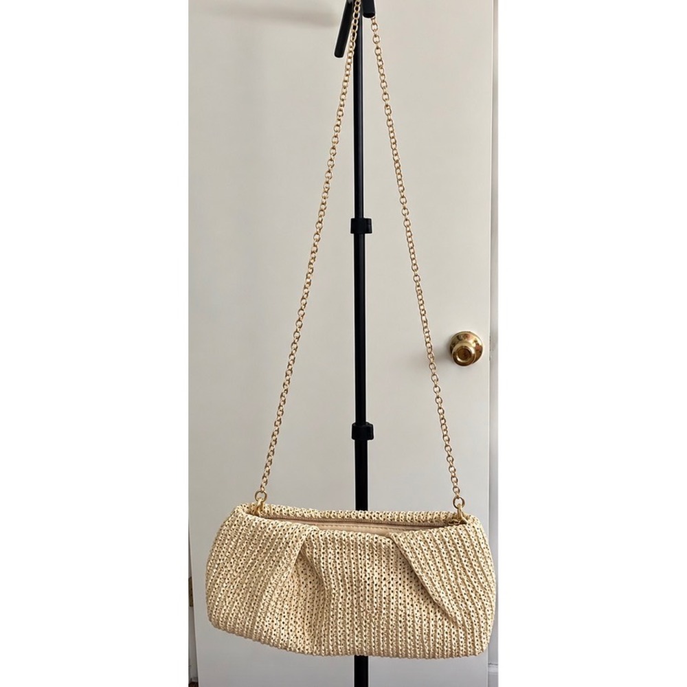 Capittana Straw Clutch Bag Woven Gold Chain Crossbody Beige Tan Summer Boho